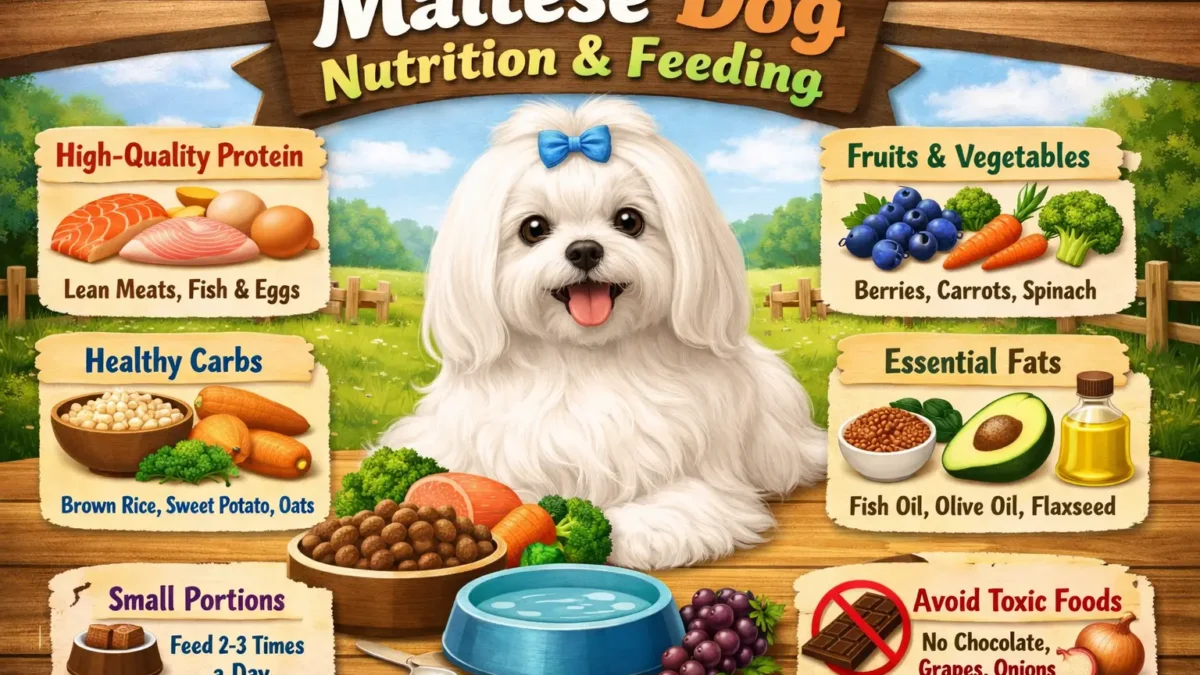 Maltese dog nutrition illustrated with a small white Maltese eating a balanced meal from a bowl