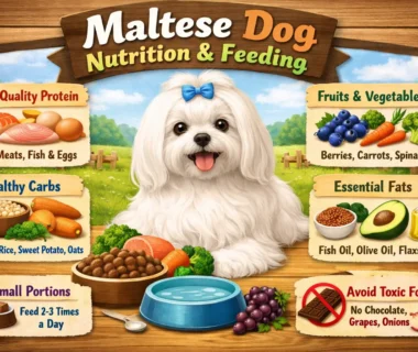 Maltese dog nutrition illustrated with a small white Maltese eating a balanced meal from a bowl
