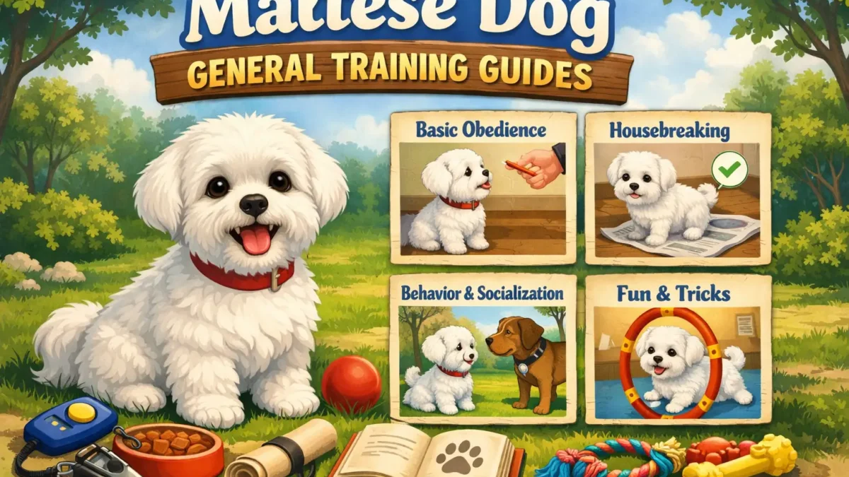 Maltese dog training session showing a small white Maltese learning basic obedience at home