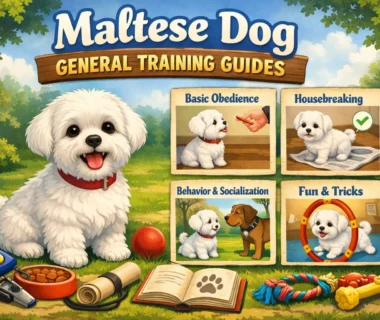 Maltese dog training session showing a small white Maltese learning basic obedience at home