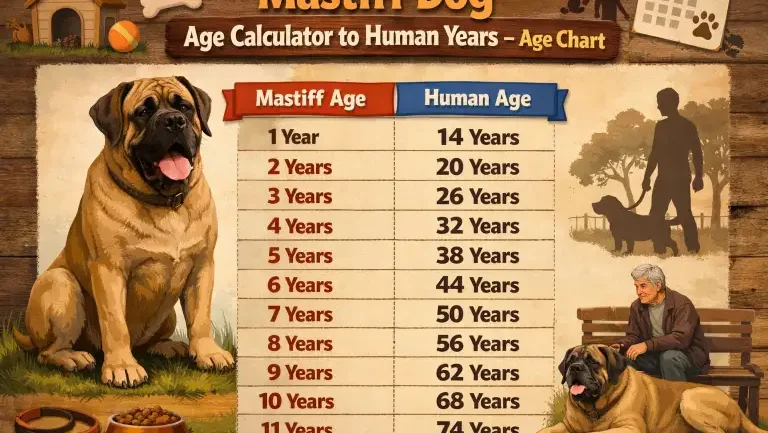 Mastiff Dog age calculator showing dog years to human years age chart