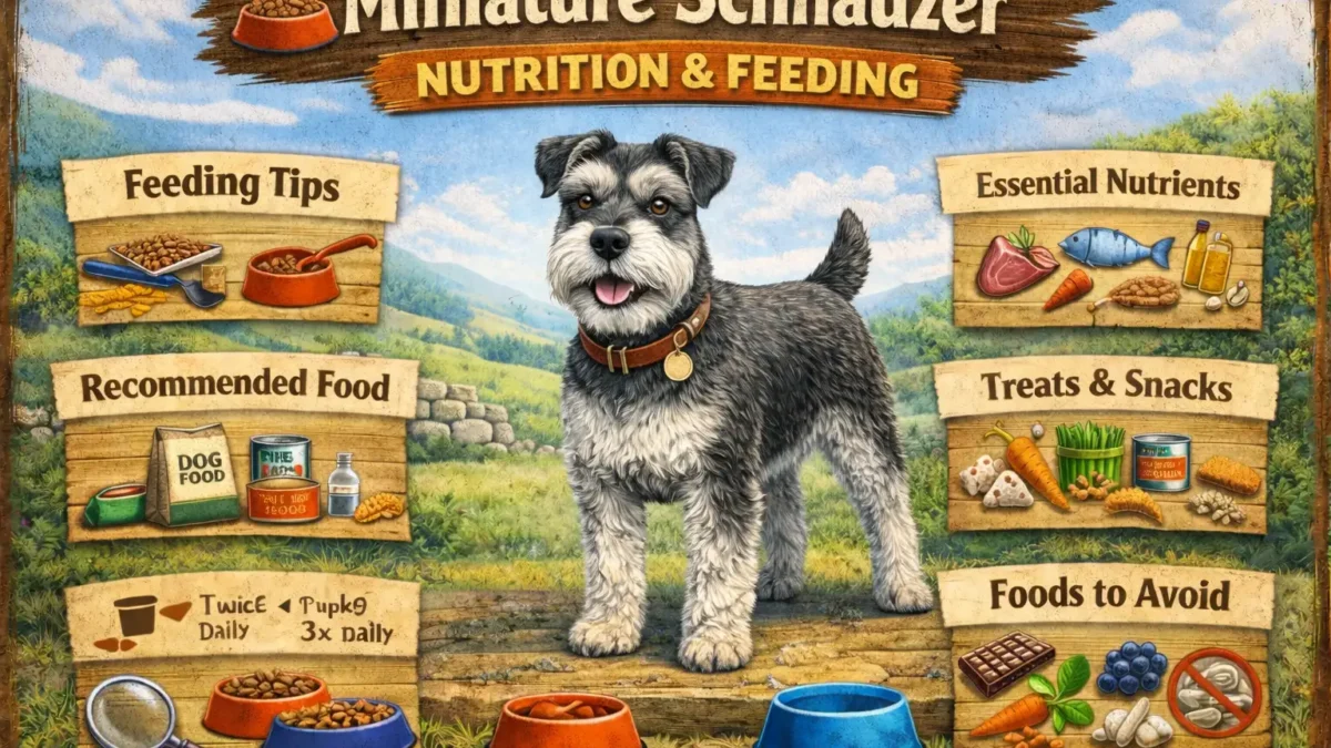 Miniature Schnauzer nutrition showing an adult Miniature Schnauzer eating a balanced, low-fat meal from a bowl