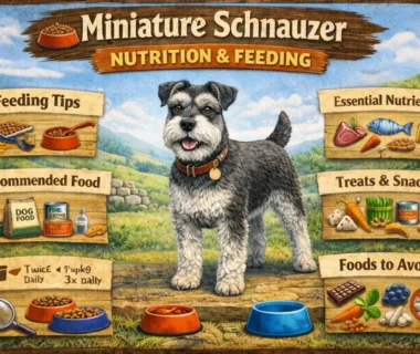 Miniature Schnauzer nutrition showing an adult Miniature Schnauzer eating a balanced, low-fat meal from a bowl
