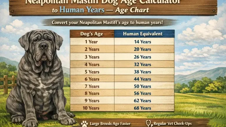Neapolitan Mastiff dog at different life stages illustrating age comparison to human years