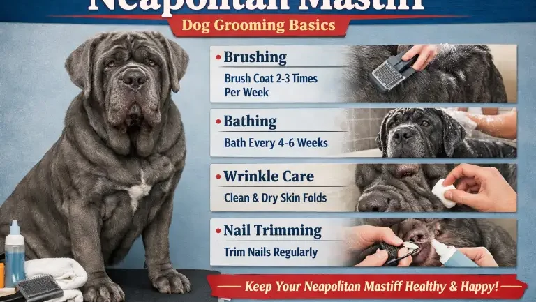 Neapolitan Mastiff dog being gently groomed, focusing on skin folds and short coat maintenance