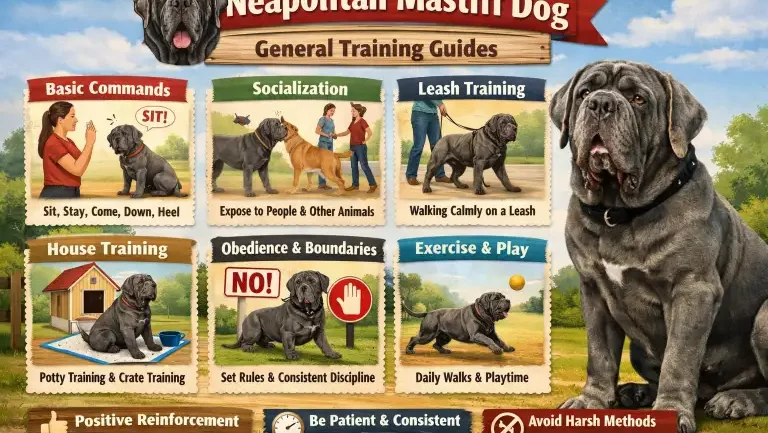 Neapolitan Mastiff dog practicing obedience training with its owner in a controlled outdoor setting