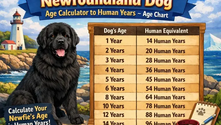 Newfoundland dog age calculator showing dog years converted to human years with an age chart for giant breeds