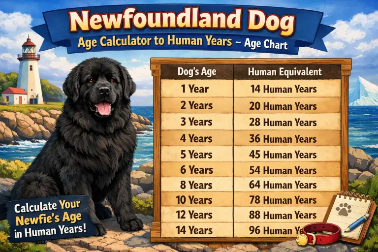 Newfoundland dog age calculator showing dog years converted to human years with an age chart for giant breeds