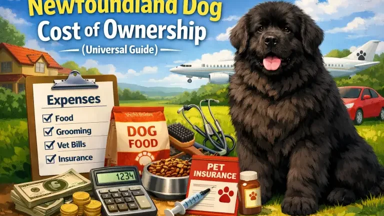 Newfoundland dog standing outdoors showing large size and thick double coat, representing the cost of ownership for this giant breed