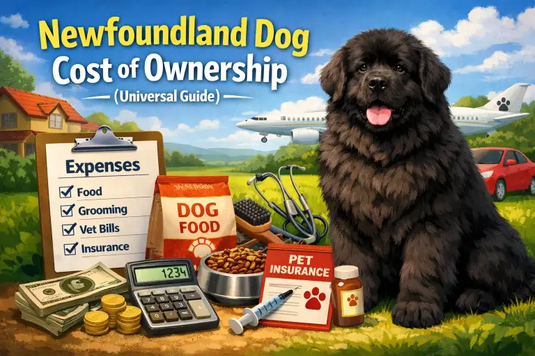 Newfoundland dog standing outdoors showing large size and thick double coat, representing the cost of ownership for this giant breed