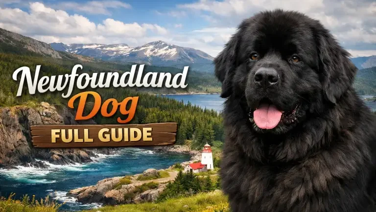 Newfoundland dog standing outdoors showing large size, thick double coat, and calm gentle expression