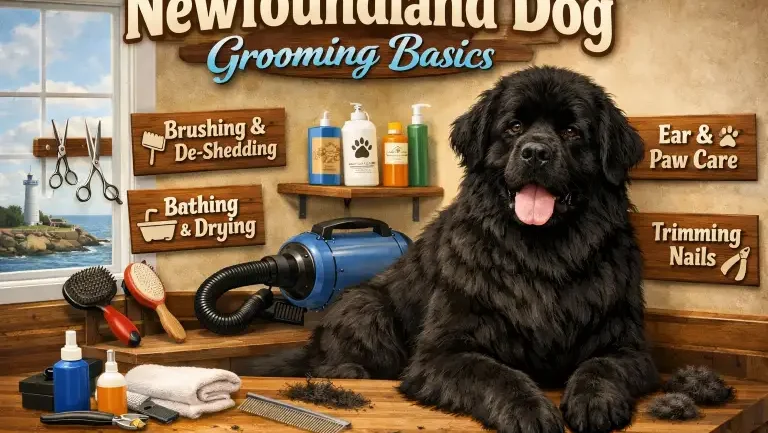 Newfoundland dog grooming basics showing an adult Newfoundland with a thick double coat being brushed at home