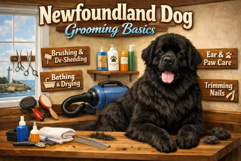 Newfoundland dog grooming basics showing an adult Newfoundland with a thick double coat being brushed at home