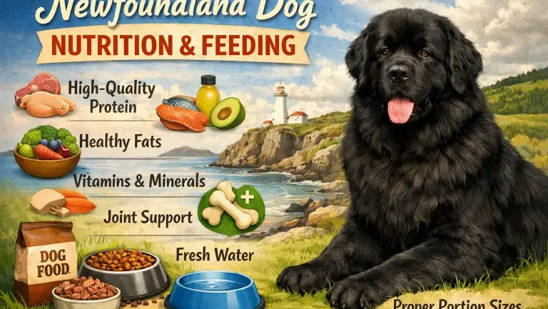 Newfoundland dog nutrition guide showing a large adult Newfoundland with a healthy body condition