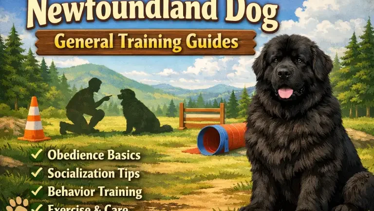 Newfoundland dog training with a calm, large Newfoundland following basic obedience cues
