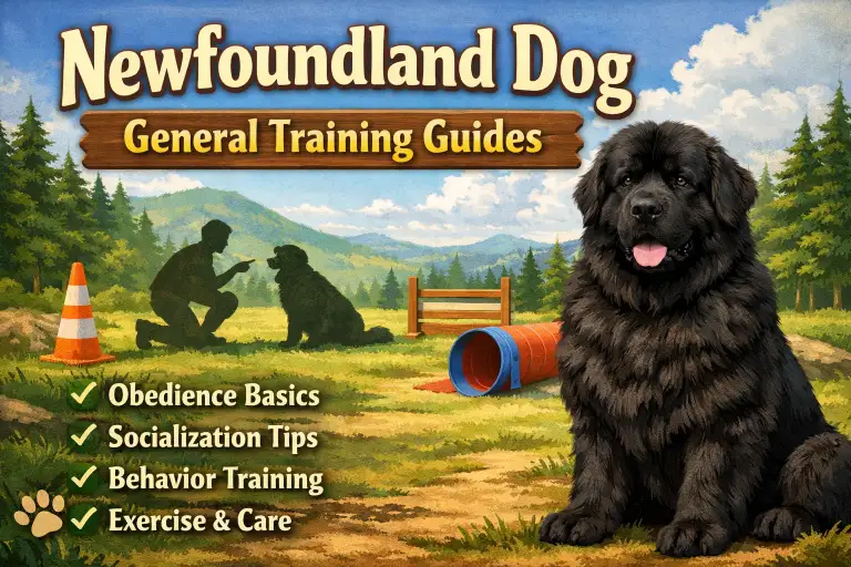 Newfoundland dog training with a calm, large Newfoundland following basic obedience cues