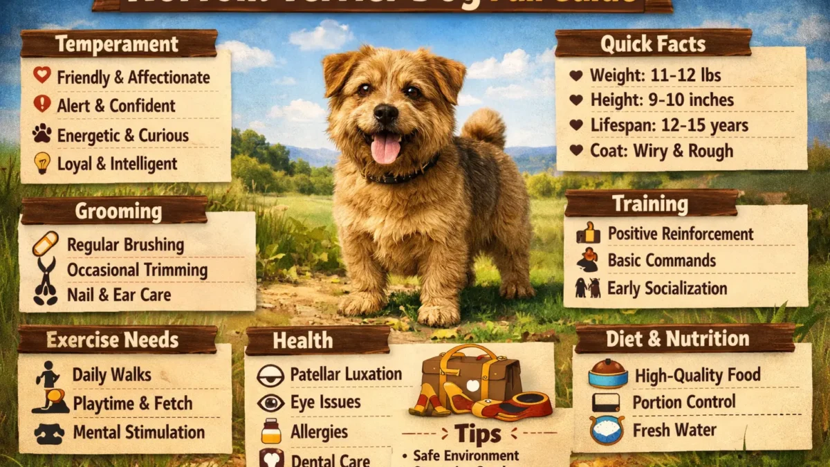 A friendly and affectionate nortfolk dog with a curly coat, sitting happily in a home environment, showing its playful and social nature.