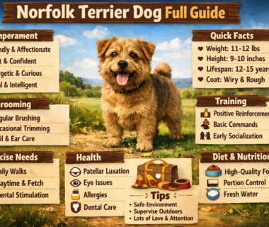 A friendly and affectionate nortfolk dog with a curly coat, sitting happily in a home environment, showing its playful and social nature.