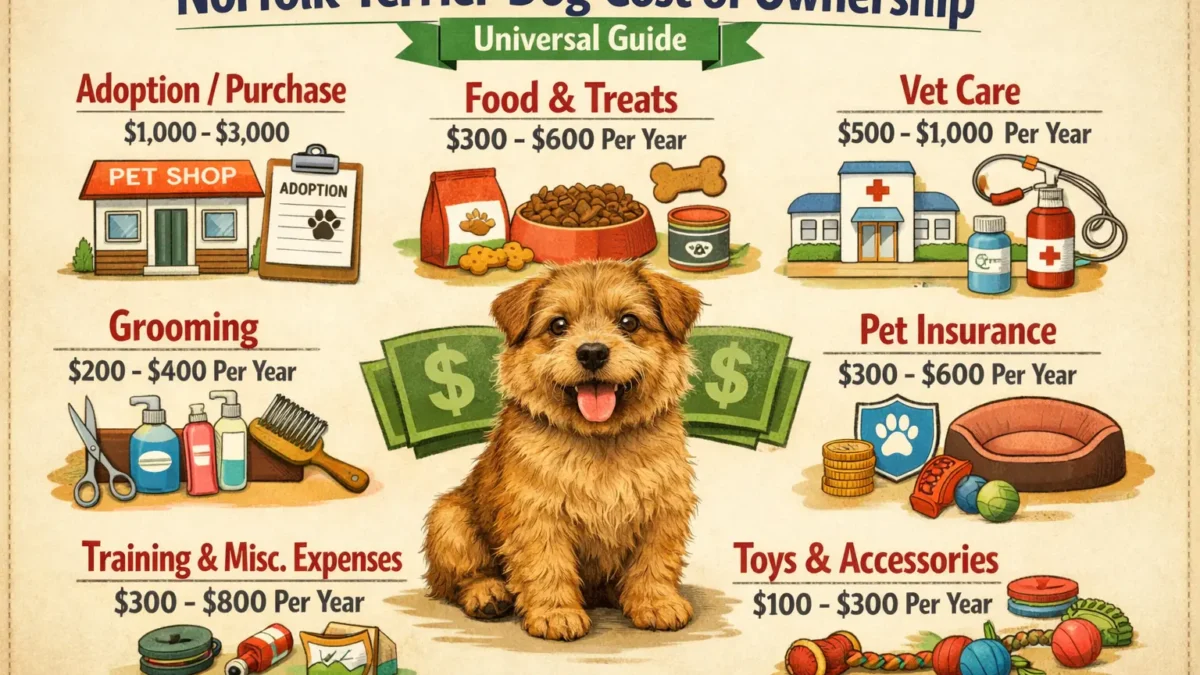 Adult Norfolk Terrier sitting calmly indoors, illustrating small dog ownership costs