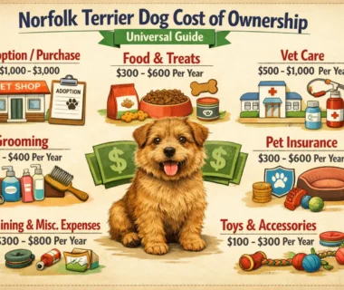 Adult Norfolk Terrier sitting calmly indoors, illustrating small dog ownership costs