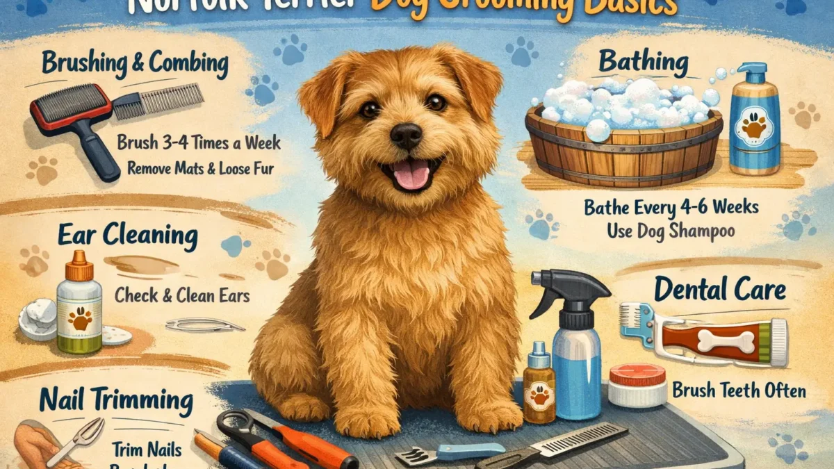 A Norfolk Terrier with a wiry coat being brushed during a grooming session