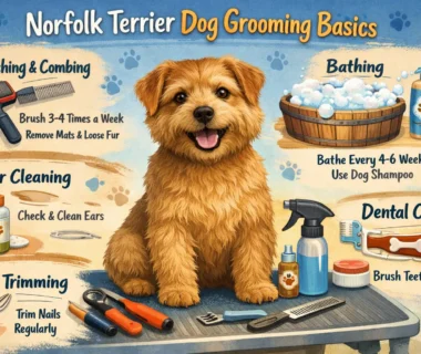 A Norfolk Terrier with a wiry coat being brushed during a grooming session