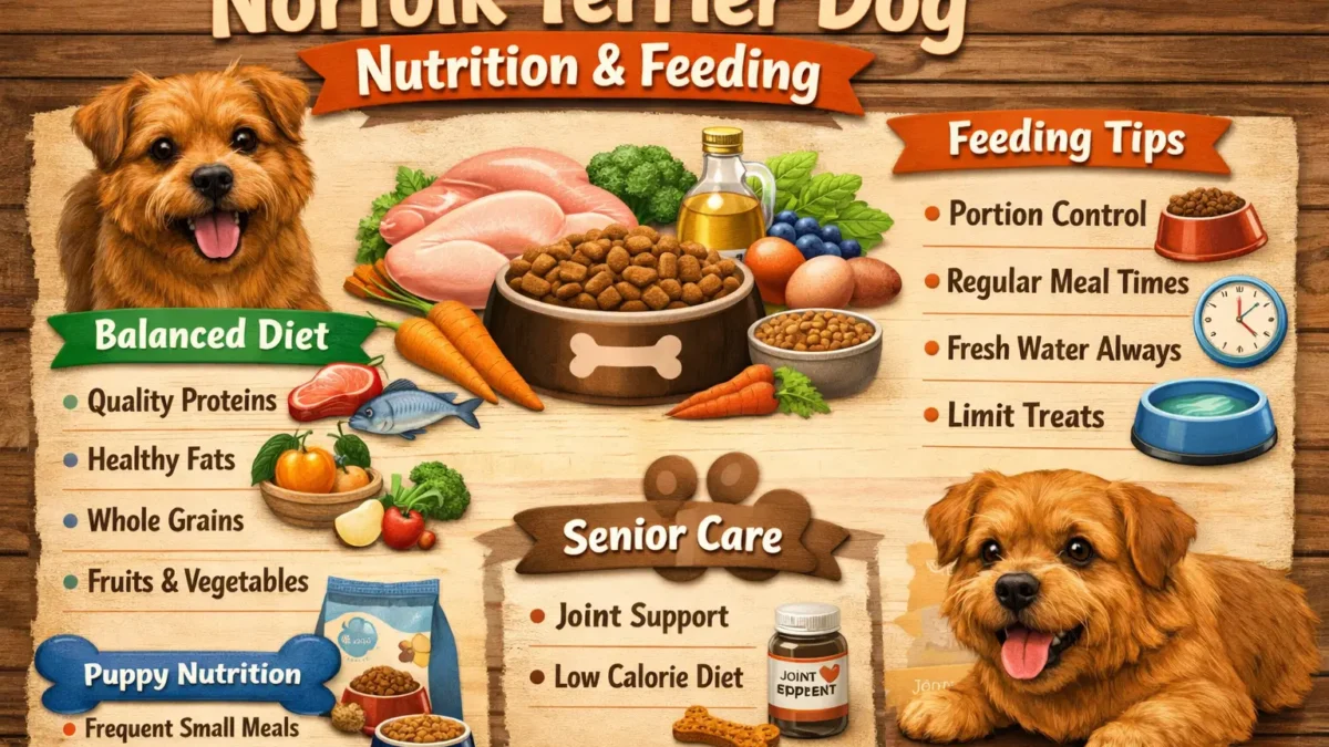 A healthy Norfolk Terrier standing alert, illustrating proper diet and balanced nutrition for small breed dogs
