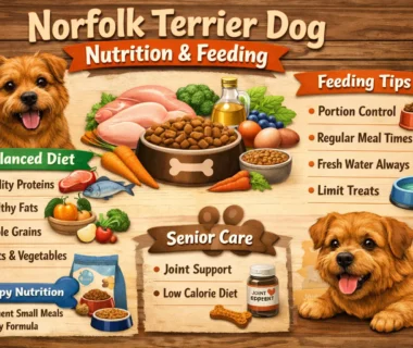 A healthy Norfolk Terrier standing alert, illustrating proper diet and balanced nutrition for small breed dogs