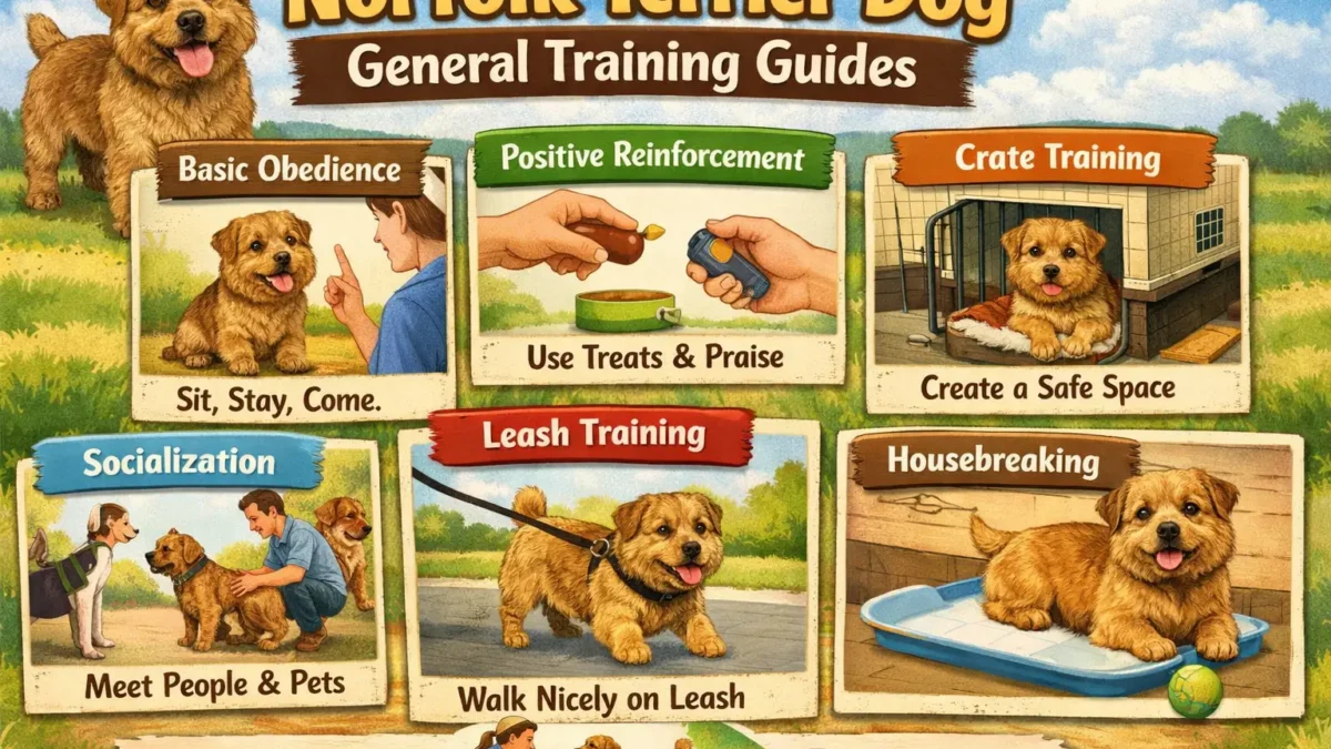 A Norfolk Terrier practicing obedience training with its owner, showing focus and calm behavior.