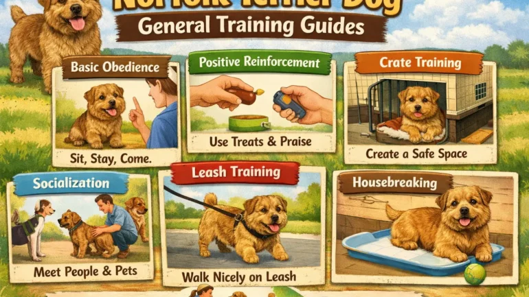 A Norfolk Terrier practicing obedience training with its owner, showing focus and calm behavior.