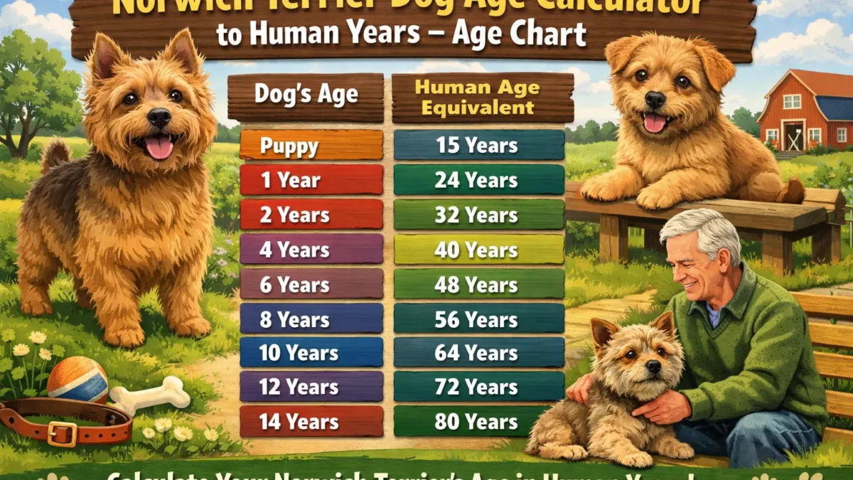 Norwich Terrier sitting next to a chart showing dog age to human years conversion