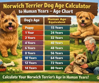 Norwich Terrier sitting next to a chart showing dog age to human years conversion