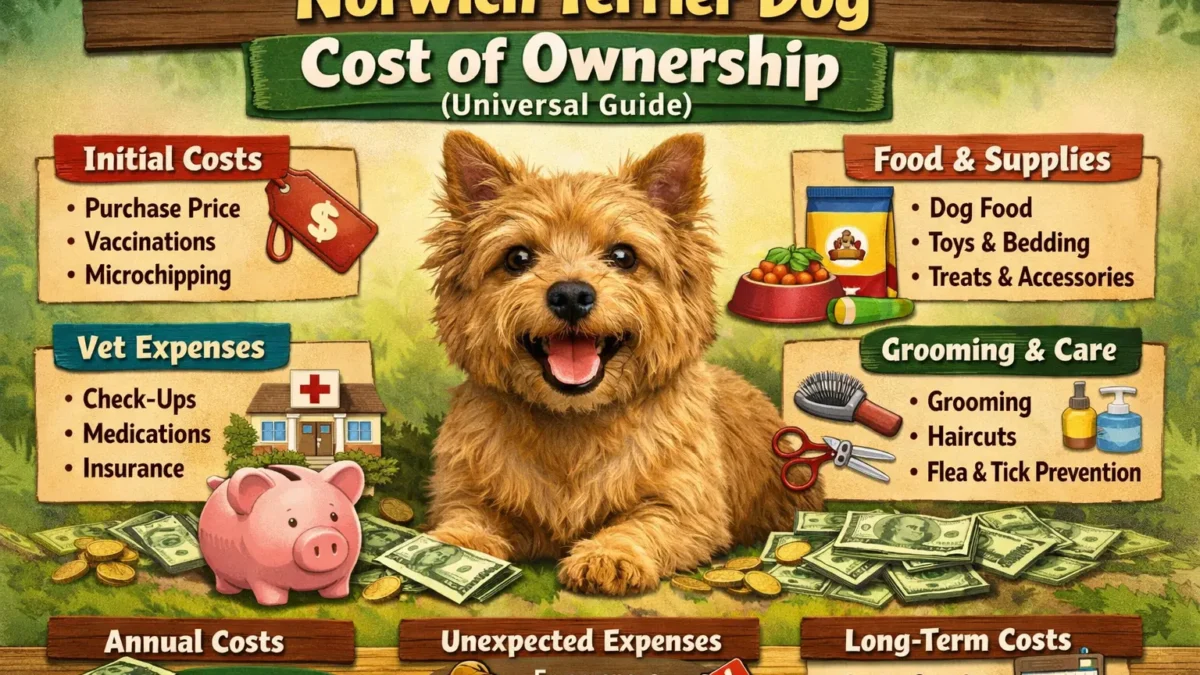 Norwich Terrier standing on grass, showing size and wiry coat, representing cost of ownership guide