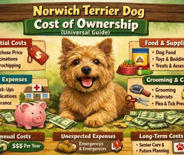 Norwich Terrier standing on grass, showing size and wiry coat, representing cost of ownership guide