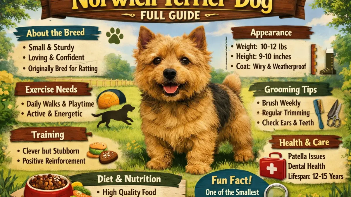 Adult Norwich Terrier dog standing alert with a wiry coat and upright ears