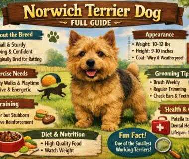 Adult Norwich Terrier dog standing alert with a wiry coat and upright ears