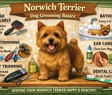 Norwich Terrier being brushed and groomed at home for a healthy wiry coat