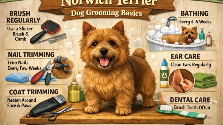 Norwich Terrier being brushed and groomed at home for a healthy wiry coat