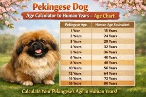 Pekingese dog age calculator showing dog years to human years chart