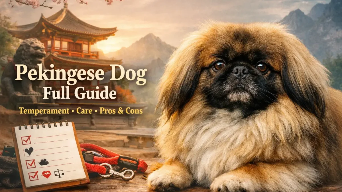 Pekingese dog with long lion-like coat resting calmly, showing flat face, large eyes, and compact body