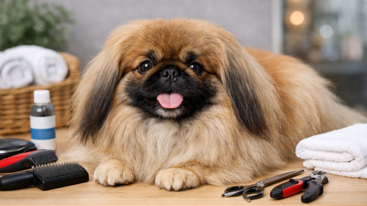 Pekingese dog grooming showing an adult Pekingese with a long double coat sitting calmly on a grooming table with basic grooming tools