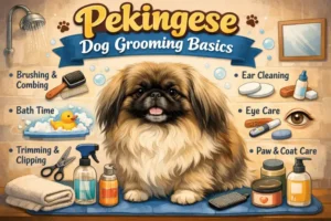 Grooming a Pekingese dog coat with brushing and hygiene care