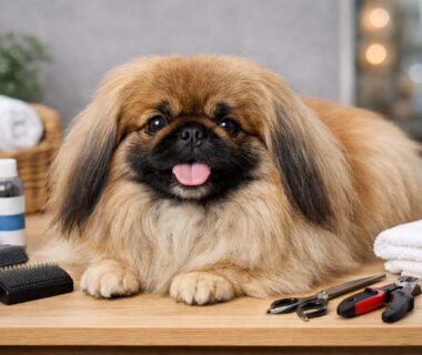 Pekingese dog grooming showing an adult Pekingese with a long double coat sitting calmly on a grooming table with basic grooming tools