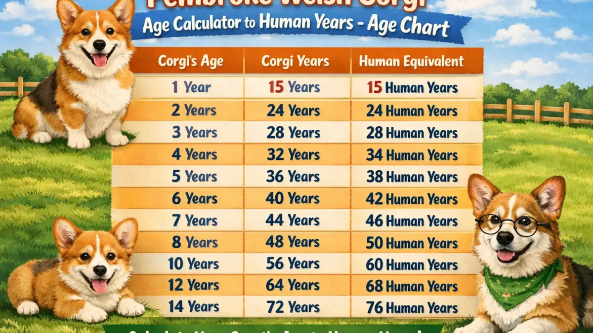 A Pembroke Welsh Corgi standing on grass, showing coat and size, representing dog age and life stages