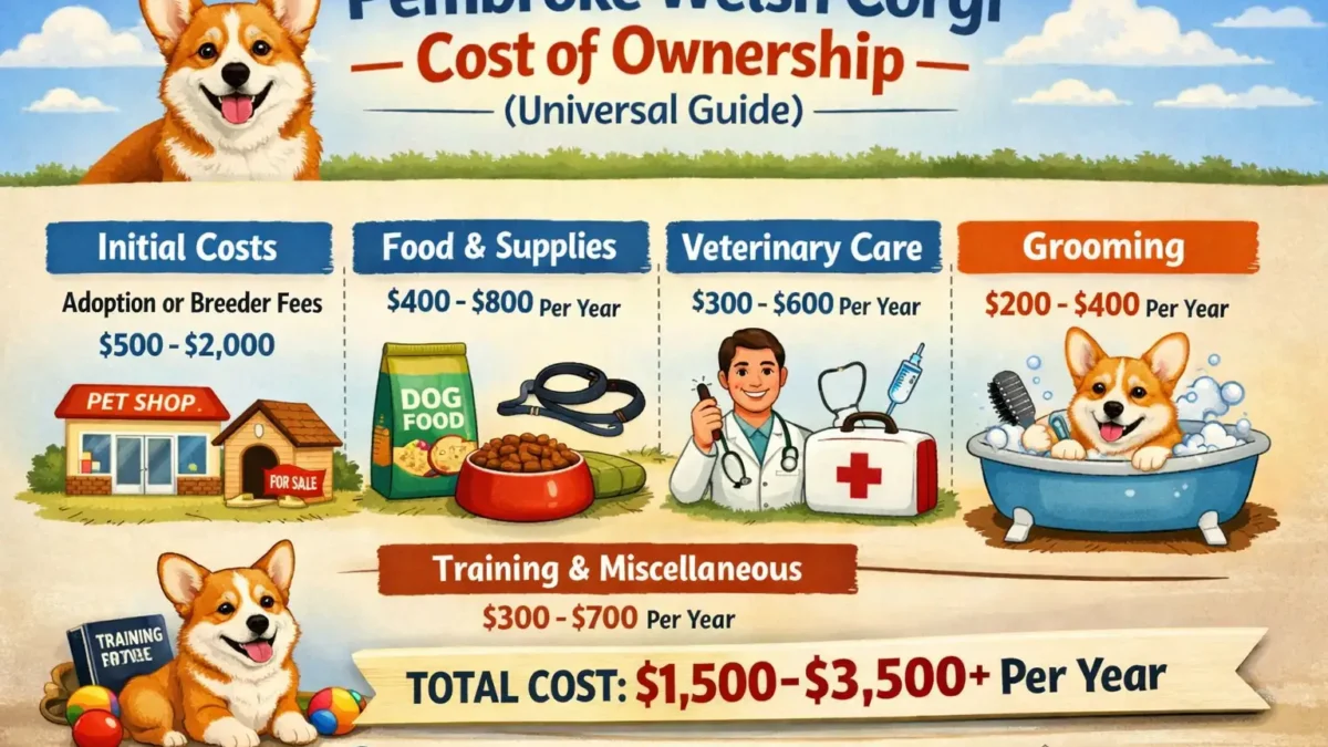 A Pembroke Welsh Corgi standing on grass, showing its short legs, fawn coat, and alert expression, representing the breed’s care and ownership costs