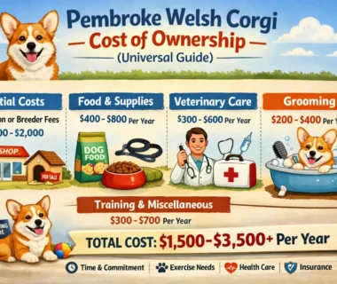 A Pembroke Welsh Corgi standing on grass, showing its short legs, fawn coat, and alert expression, representing the breed’s care and ownership costs