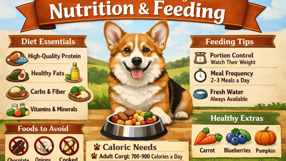 Adult Pembroke Welsh Corgi eating a balanced meal in a bowl