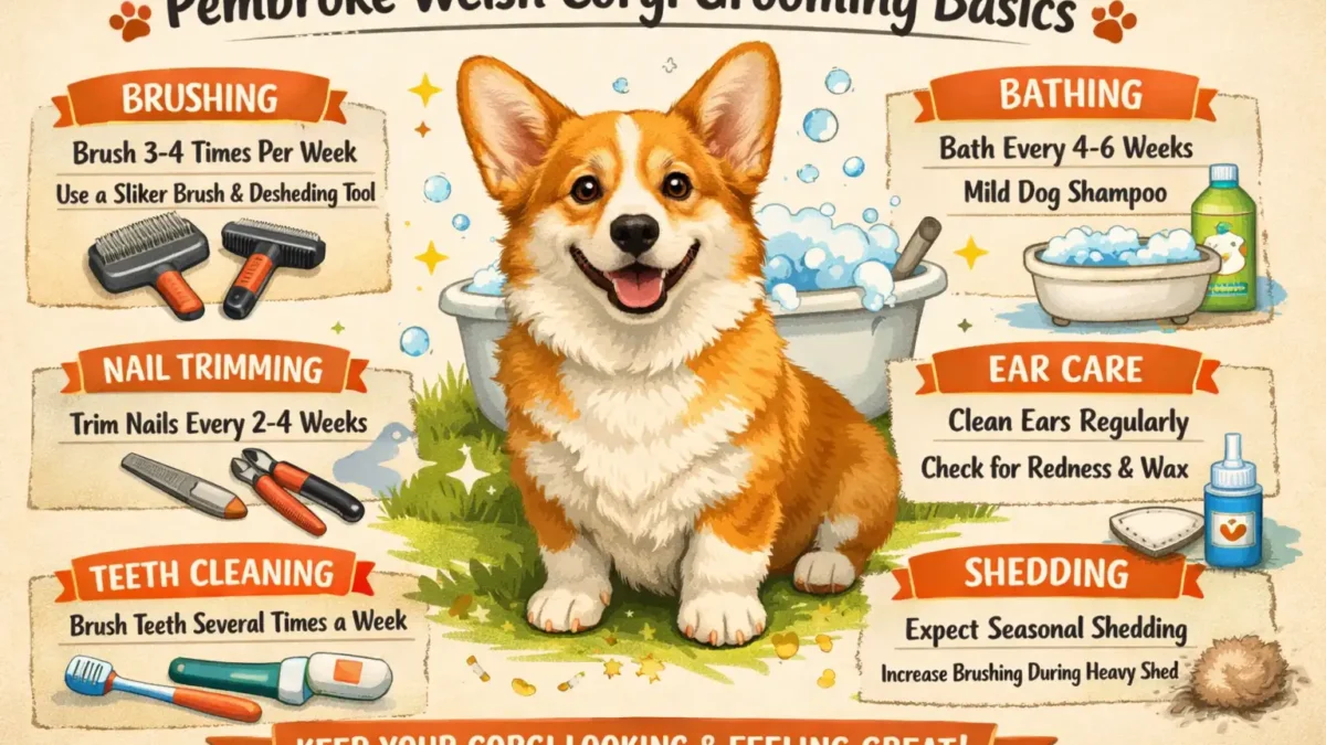 A Pembroke Welsh Corgi being brushed at home, showing its double coat and grooming routine