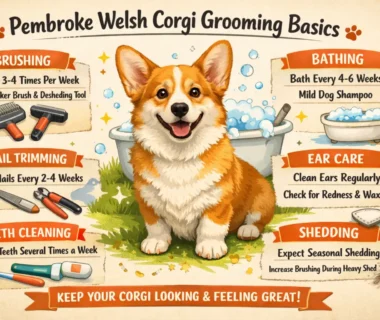 A Pembroke Welsh Corgi being brushed at home, showing its double coat and grooming routine