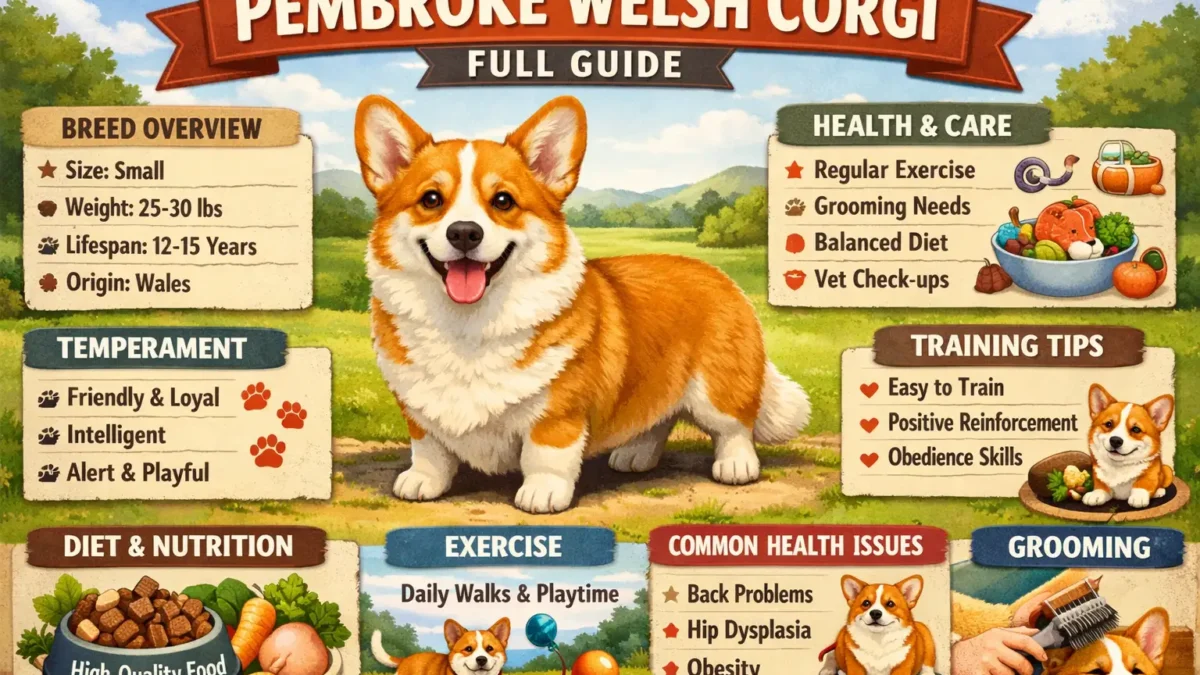 Adult Pembroke Welsh Corgi with a red and white coat standing alert on grass